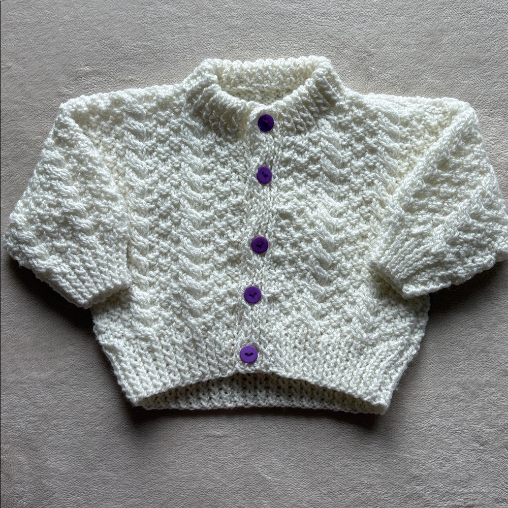 Hand Knit Infant Cardigan White with Purple Buttons
